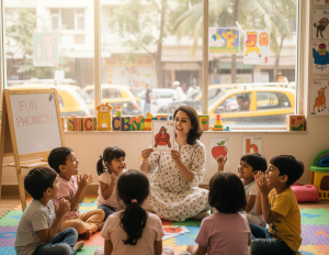 the offline phonics classes break the cycle. Kids here listen to sound, speak aloud and connect directly with the teachers and classmates.